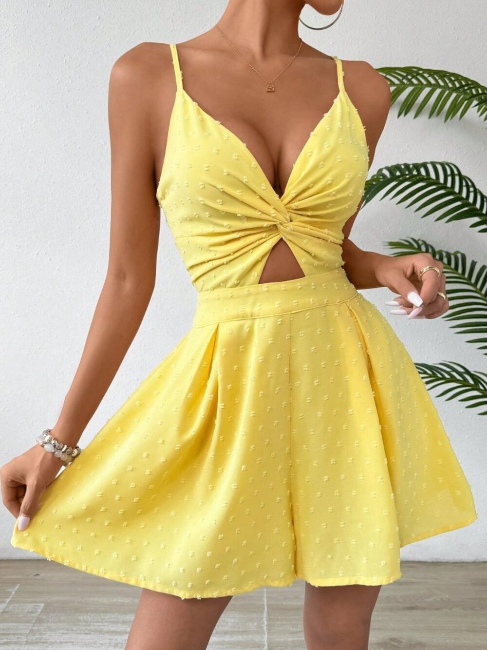 Yellow Sexy Women's Twist-Front Jumpsuit Cut-Out Waist and Spaghetti Straps